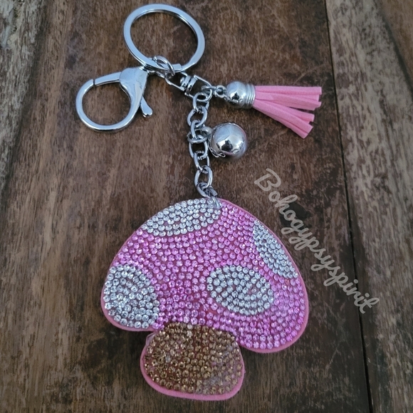 🍄Mushroom Crystal Rhinestone Keychain Bag Charm With Pink Tassel - Picture 6 of 8
